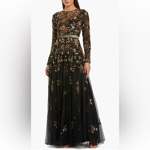 Mac Duggal - Size 4 - Hand Beaded Mesh Long Sleeve High Neck A Line Gown